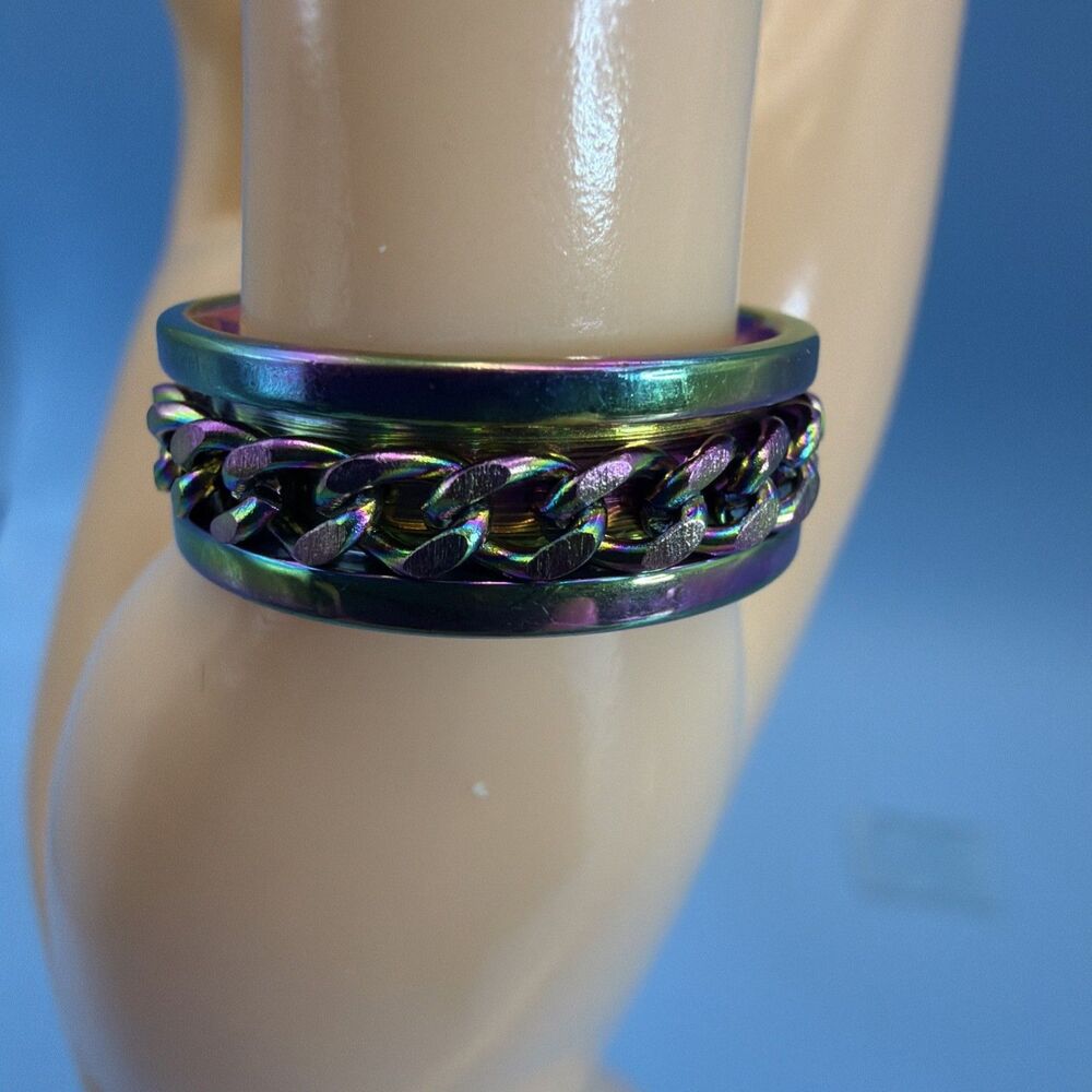 Rainbow Metallic Curb Chain Spinner Band Ring Size 14 New